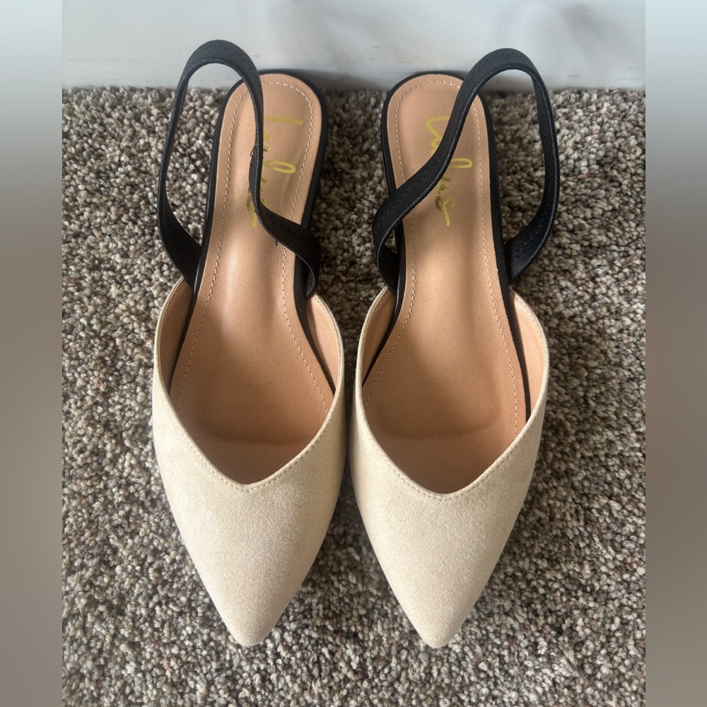 Lulu's Mae Beige and Black Suede Pointed-Toe Slingback Flats Sz 10 Runs Small